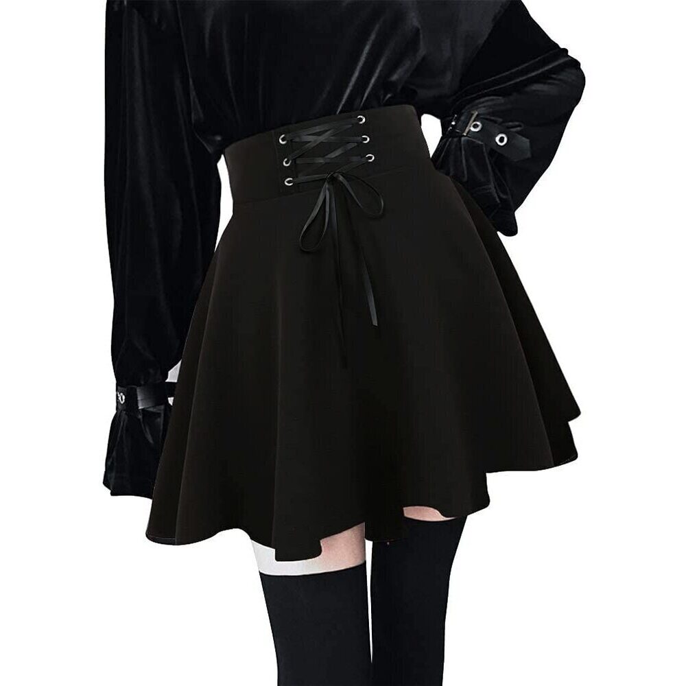 6097 Goth Pleated Mini Skirt High Waisted A Line Flared Lace Up Short Skirt